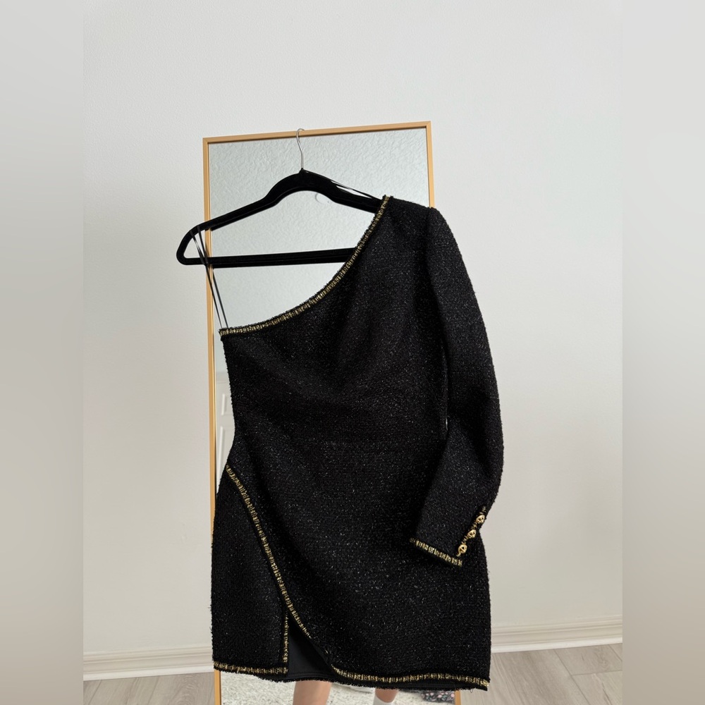 Zara Black One-Shoulder Dress with Gold Trim